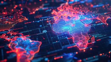 Poster - Futuristic digital world map visualization displaying global connectivity and data analysis with glowing lines and nodes, representing big data, information flow, and international communication