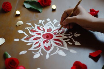 Poster - A minimalist representation of a woman drawing a rangoli with just her hand and simple patterns in view.