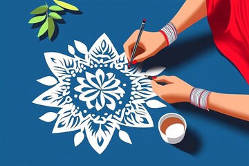 Poster - A minimalist representation of a woman drawing a rangoli with just her hand and simple patterns in view.