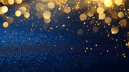 Wall Mural - abstract dark blue and gold particle background with christmas golden light bokeh, shining particles