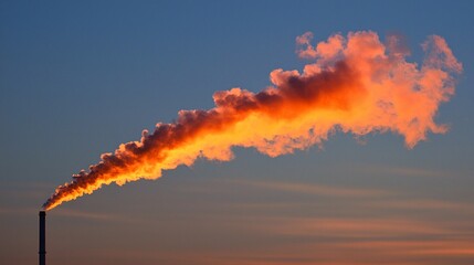 Poster - Modern petroleum refinery emitting controlled steam under a vibrant evening sky Stock Photo with side copy space