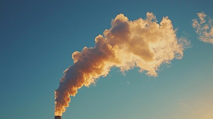 Poster - Modern petroleum refinery emitting controlled steam under a vibrant evening sky Stock Photo with side copy space