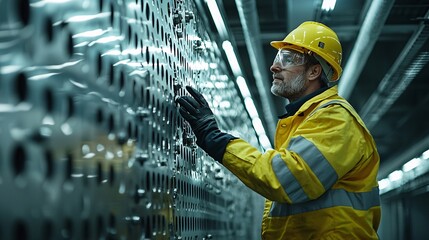 Aufkleber - A worker wearing safety gear inspecting a large oil valve Stock Photo with side copy space