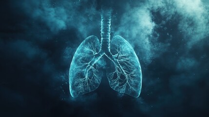 Poster - PM2.5 crisis concept. A glowing, digital representation of human lungs, surrounded by smog, highlighting their intricate structure against a dark, atmospheric background, symbolizes health issues.