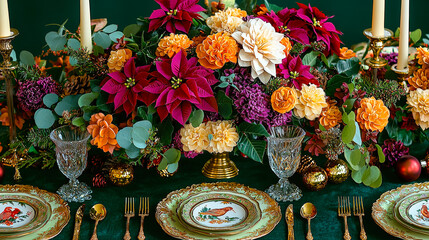 Poster - Festive dining table adorned with vibrant poinsettias and seasonal flowers for a Christmas celebration