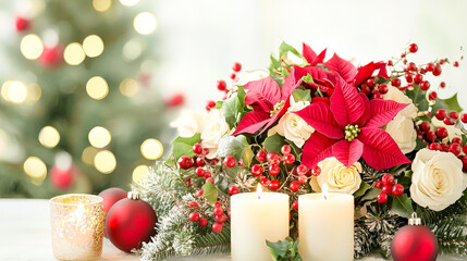 Poster - Elegant christmas centerpiece featuring poinsettias, roses, and candles with holiday decorations in the background