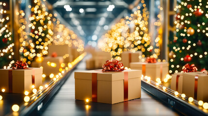 Poster - wrapped presents above a conveyor belt with brown boxes decorate a festive Christmas display in a sparkling seasonal setting