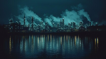 Aufkleber - A city skyline with a backdrop of refinery plants and glowing industrial lights Stock Photo with side copy space