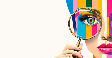 Poster - woman's face holding a magnifying glass with vibrant stripes