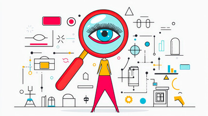 Poster - person using a magnifying glass surrounded by various icons representing research and analysis