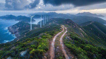 Aufkleber - Aerial view of a wind farm with dozens of turbines generating clean energy Stock Photo with side copy space