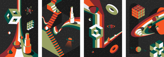 Wall Mural - abstract psychedelic posters with retro 1980s surreal space theme. cosmic landscapes, optical illusi