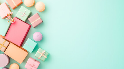 Poster - Colorful gift boxes and treats arranged on a mint green surface during a festive celebration
