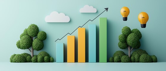 Poster - A vibrant illustration showcasing a growth chart, trees, and hot air balloons against a pastel background, symbolizing progress and innovation in a green environment.