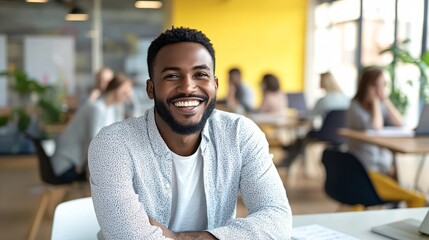Poster - Happy black manager smiling in modern office with coworkers