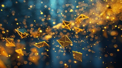 Poster - multiple closed golden envelopes are flying and rotating on a dark blue, sparkling background, creat