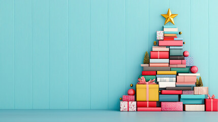 Poster - Colorful stack of wrapped gifts arranged as a Christmas tree against a bright blue wall