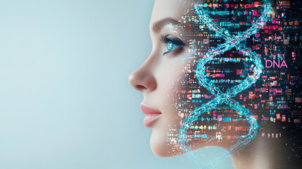 Poster - Young woman with digital DNA representation illustrating biotechnology and genetic exploration in a modern setting