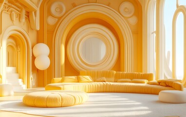 Poster - A bright, modern living room with yellow decor and soft furnishings.