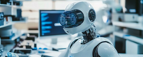 Poster - Futuristic robot working with computer in modern laboratory setting