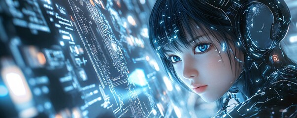 Aufkleber - Cyborg woman analyzing futuristic data stream in virtual reality