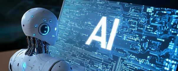 Fototapete - Humanoid robot exploring artificial intelligence on futuristic screen