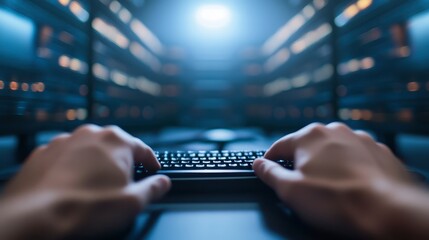 Tech Expert Typing on Keyboard in Server Room