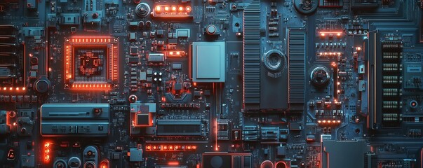 Fototapete - Complex electronic circuit board pulsating with red lights