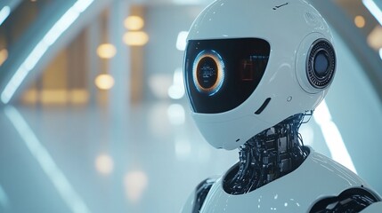 Poster - Advanced white robot navigating futuristic building, digital eye processing data