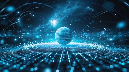 Poster - Planet earth is rotating on a digital matrix showing big data connections, lines, and information flowing around the globe in a futuristic cyberspace environment