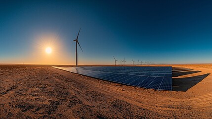Aufkleber - Wide-angle view of clean energy installations on a barren desert field Stock Photo with side copy space