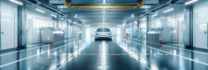 Aufkleber - Car testing facility with finished vehicles under evaluation on a clean and illuminated track. Generative AI