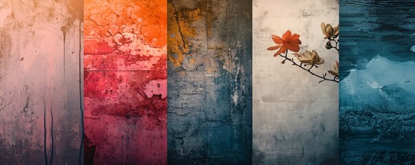 Aufkleber - Colorful abstract collage showing flowers, textured walls and cloudy sky
