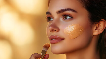 Wall Mural - Woman applying foundation makeup on her face against a warm background