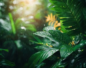 Canvas Print - Experience the vibrant beauty of a tropical jungle shimmering after a rain shower, where exotic flora thrives in untouched, serene textures Discover the lush greenery, delicate water droplets