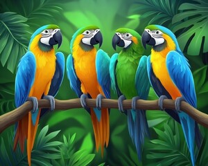 Experience the vibrant beauty of the rainforest with these stunning, colorful macaws perched in lush green trees This exotic tropical scene captures the lively essence of wildlife in its natural