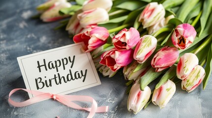  Beautiful bouquet of pink and white tulips with a Happy Birthday card and soft pink ribbon. Generative AI