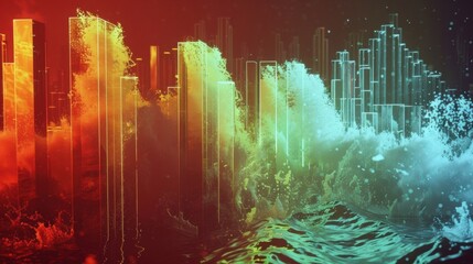 Poster - Big data visualized as glowing particles forming abstract buildings rising from a digital sea, representing the increasing flow of information in modern society