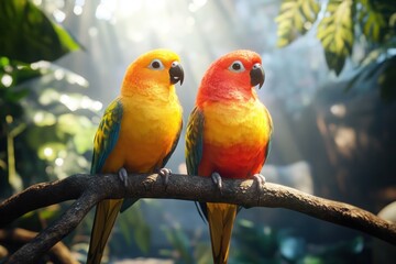 Explore the vibrant world of parrots perched on lush jungle branches in this captivating image Witness the exotic beauty of a tropical forest teeming with colorful and lively wildlife Two parrots