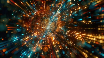 Poster - Big data streams are converging, forming a digital tunnel with glowing particles and lines of light, symbolizing the flow of information in cyberspace