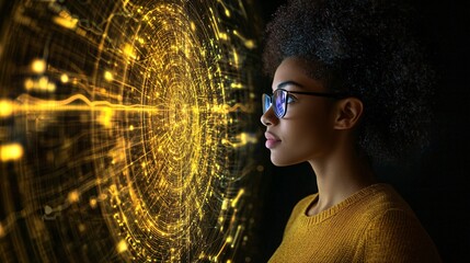 Poster - Professional woman using advanced digital analytics tools for career development Stock Photo with side copy space