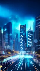 Poster - Light trails from traffic illuminate a futuristic cityscape at night, with digital data streaming across the scene, showcasing the concept of a smart city