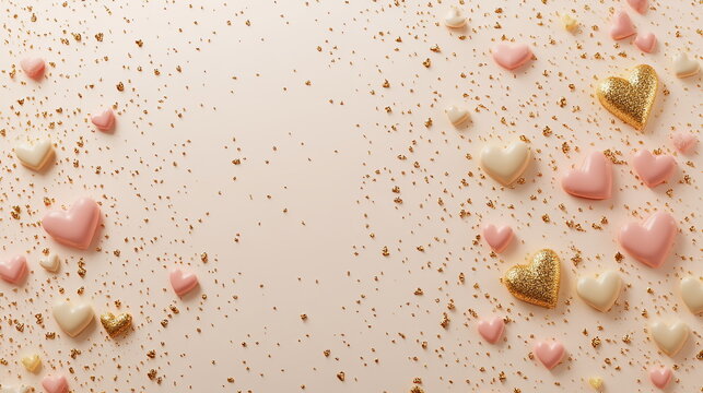 Sweet Valentine's Day horizontal greeting banner background with empty copy space, featuring a mix of tiny pastel-colored hearts on soft, warm cream backdrop, enhanced with soft pink and gold sparkles