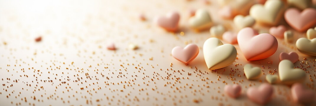 Sweet Valentine's Day horizontal greeting banner background with empty copy space, featuring a mix of tiny pastel-colored hearts on soft, warm cream backdrop, enhanced with soft pink and gold sparkles