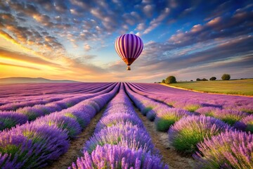 Wall Mural - silhouette hot air balloon soaring over a lavender field in the sky