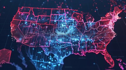 Poster - Complex network of interconnected lines and nodes forming glowing united states map, representing big data analysis, futuristic technology, and digital information flow across the country