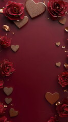 Poster - Romantic Valentine's Day vertical abstract greeting card background template with empty copy space with a rich burgundy gradient, overlaid with delicate rose, heart outlines in shimmering gold accents
