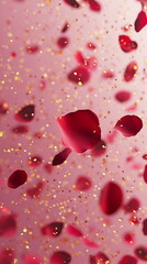 Poster - Romantic Valentine's Day vertical social media template with empty copy space, with an array of rose petals in shades of red and pink, scattered across a light pink background, subtle golden sparkles