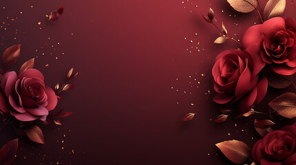 Poster - Romantic Valentine's Day horizontal background for greeting cards, wedding invitation, featuring subtle heart, rose patterns in shades of red, pink over dark maroon gradient with soft golden sparkles