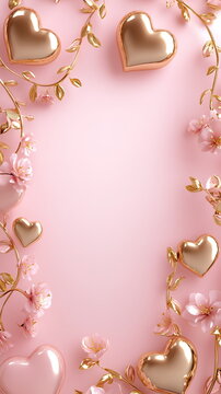 Romantic Valentine's Day vertical greeting banner background with empty copy space with light blush color, featuring golden heart shapes around the corners and soft floral elements in pink and white